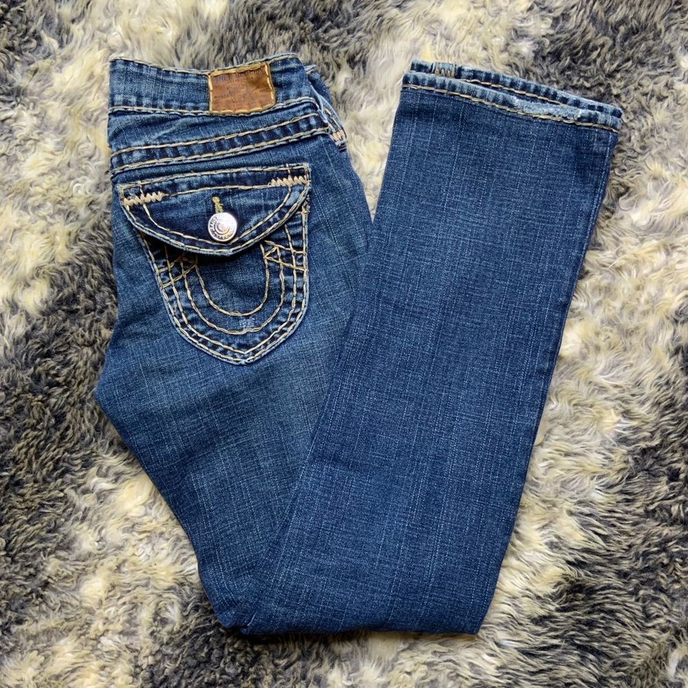 Women’s 27 True Religion Boot Cut Low Waist Denim Jeans Blue.